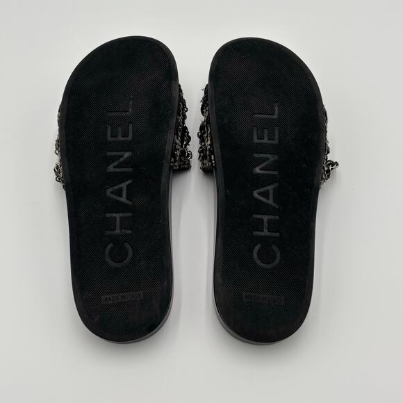 Chanel CC Chain Slide Sandals Flat Canvas Slip On Shoes Black Tweed Size 38 - Picture 3 of 14